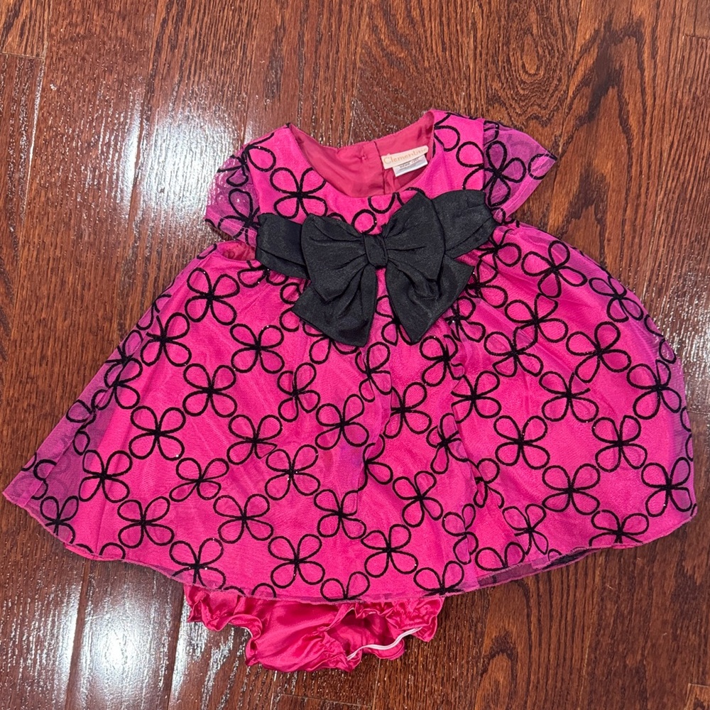 Clementine Pink and Black Floral Baby Dress with Bow